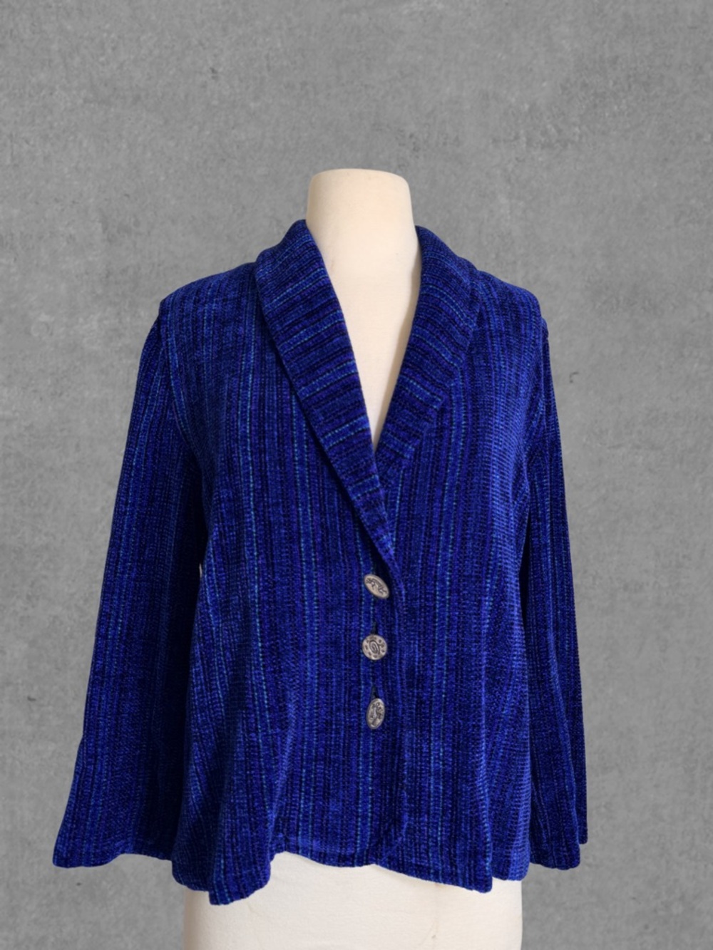 Margaret Lent Chenille Royal Blue Ribbed Luxury Button Down Cardigan